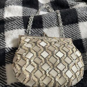Glamorous Silver and Cream Geometric Clutch